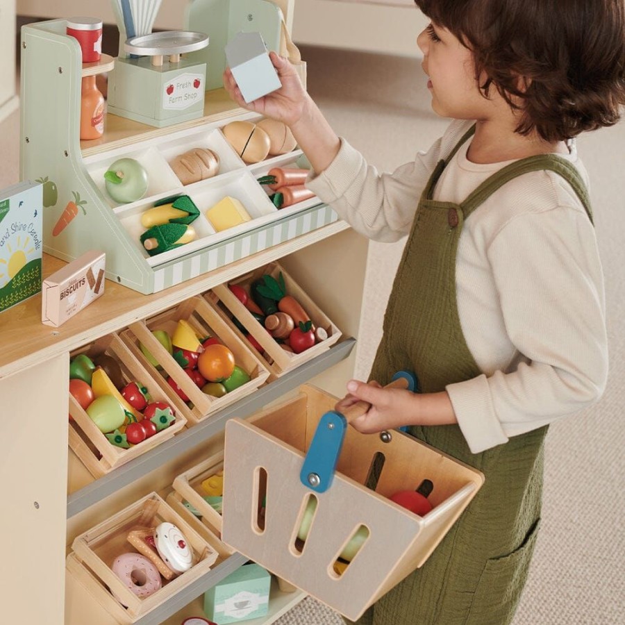 Toys Great Little Trading Co. Play Kitchen Range | Wooden Grocery Set & Shopping Basket Multi