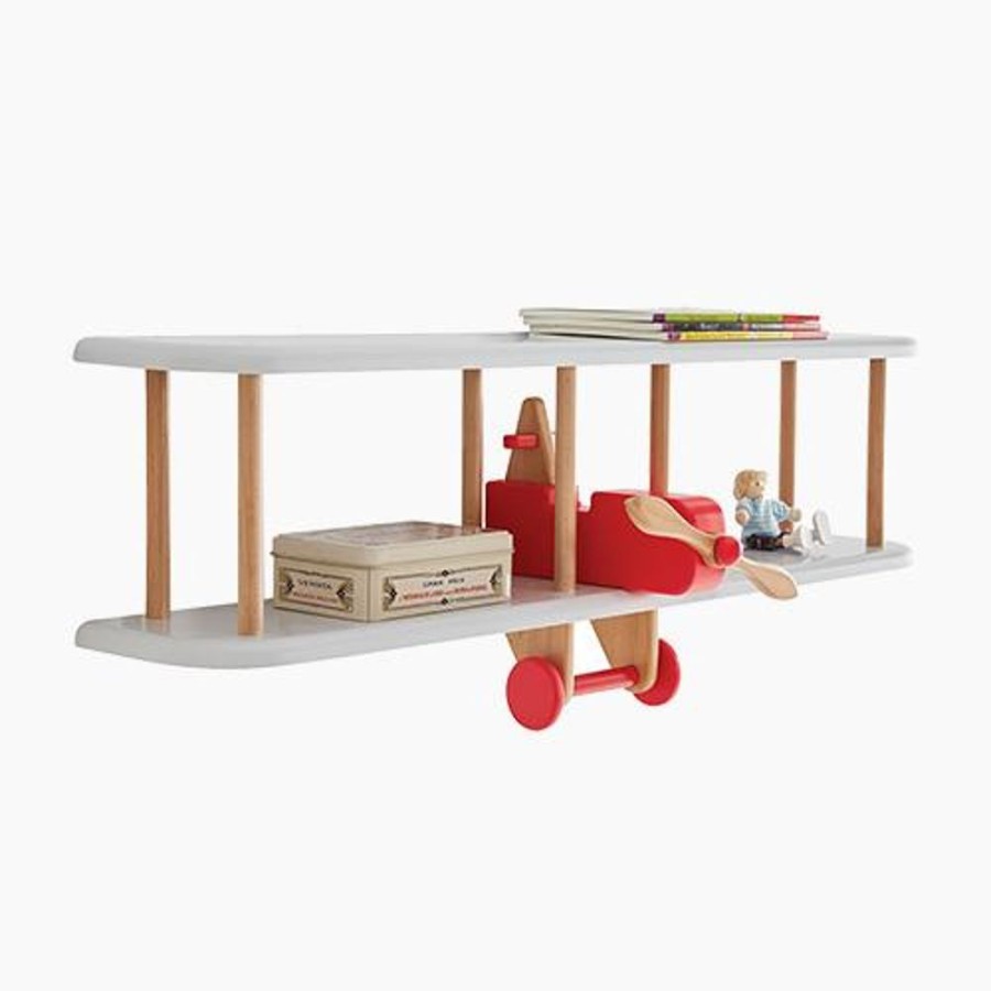 Accessories Great Little Trading Co. Height Charts & Wall Art | Floating Wooden Bi-Plane Shelf In Red & White Grey & Red