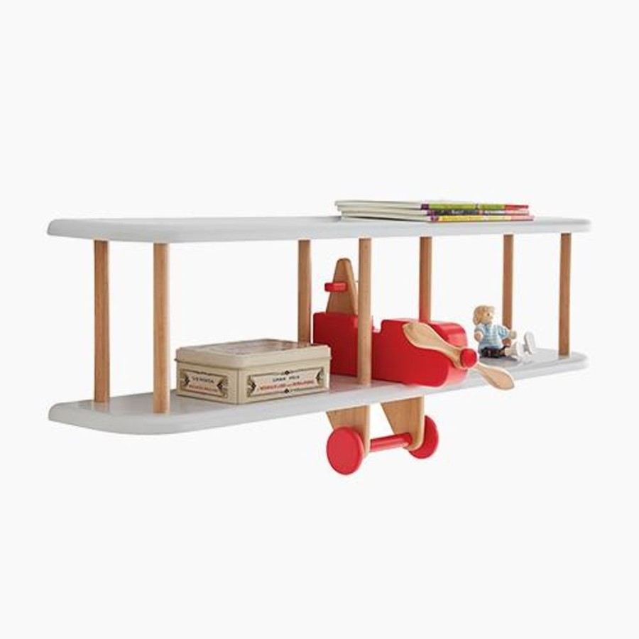 Storage Great Little Trading Co. Wall Shelves & Hooks | Floating Wooden Bi-Plane Shelf In Red & White Grey & Red