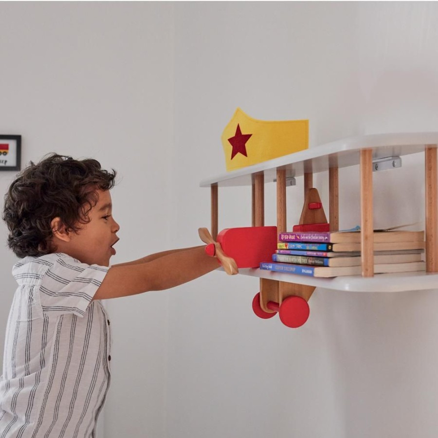 Storage Great Little Trading Co. Wall Shelves & Hooks | Floating Wooden Bi-Plane Shelf In Red & White Grey & Red